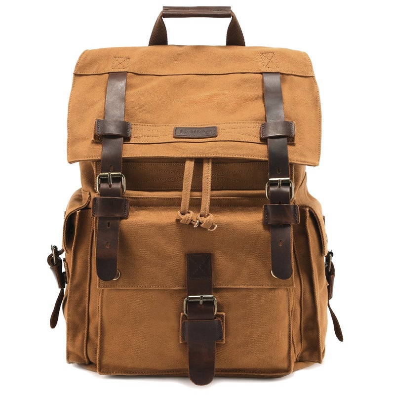 Kattee Menâ€™s Leather Canvas Backpack Large School Bag Travel Rucksack Khaki - Image 1